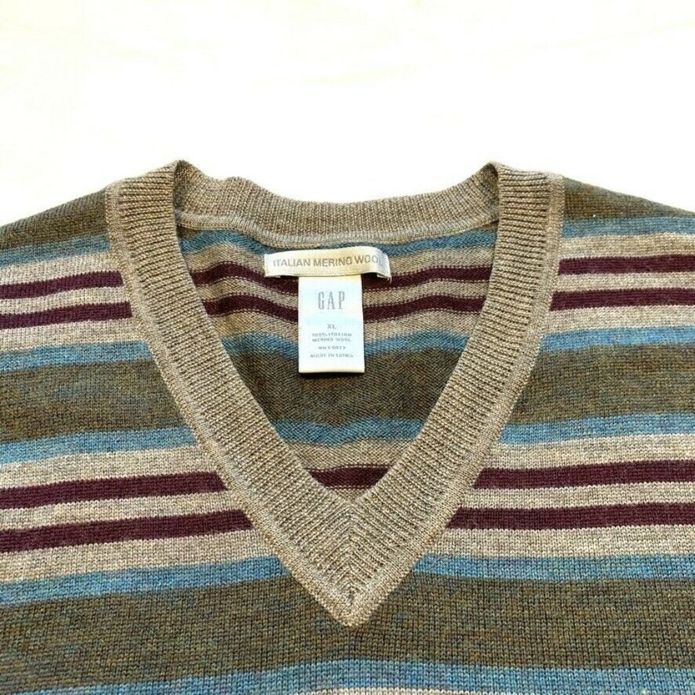 NEW Banana‎ Republic Italian 100% Merino Wool Sweater Pullover Striped V Neck XL - Picture 5 of 12